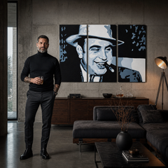Tablou POP ART pictat manual AL CAPONE – tablou într-un interior modern masculin, vizualizare lifestyle. Culori dominante: negru, albastru, alb.