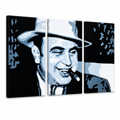 Tablou POP ART pictat manual AL CAPONE – Vizualizare 3D a tabloului pictat manual pe fundal alb. Culori dominante: negru, albastru, alb.
