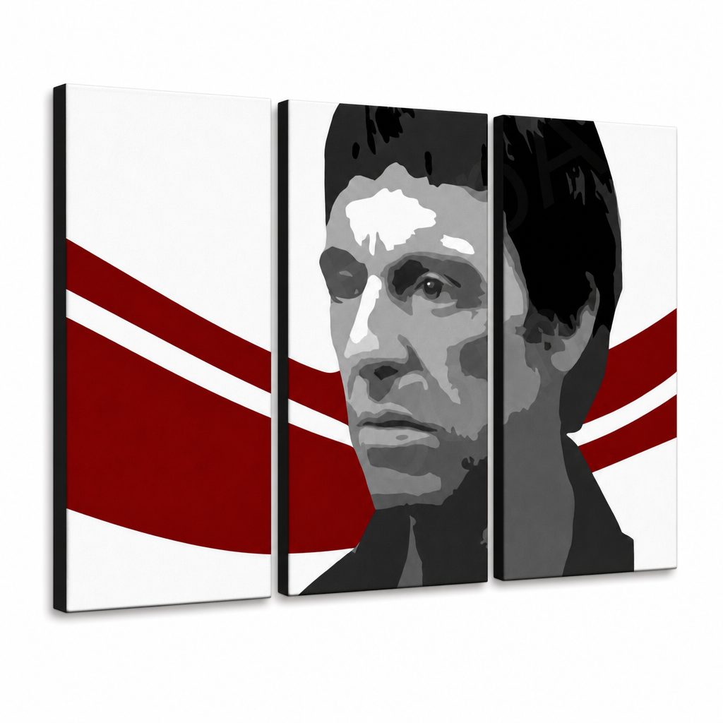 Tablou POP ART pictat manual AL PACINO 6 părți al6 – Vizualizare 3D a tabloului pictat manual pe fundal alb. Culori dominante: negru, roșu, alb.