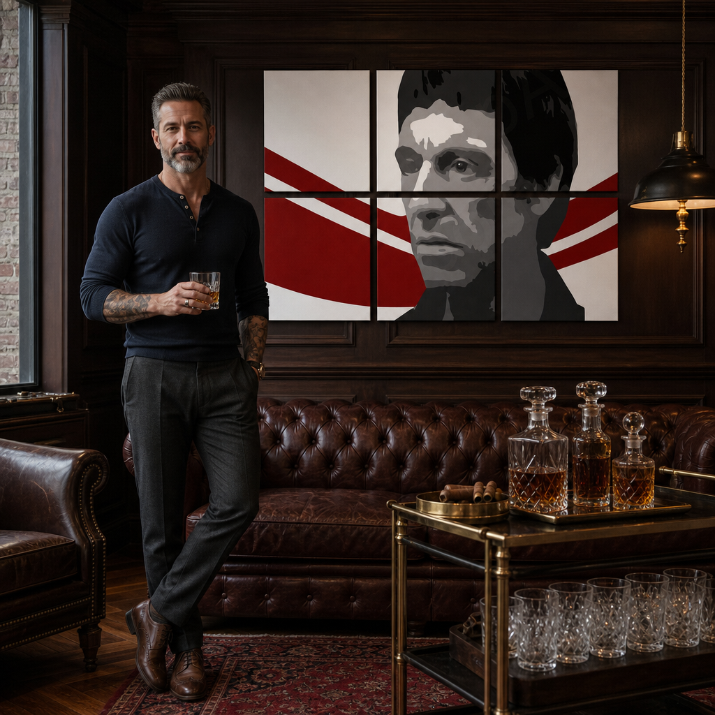Tablou POP ART pictat manual AL PACINO 6 părți al6 – tablou într-un interior modern masculin, vizualizare lifestyle. Culori dominante: negru, roșu, alb.
