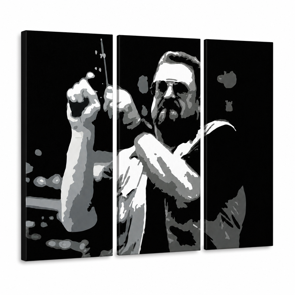 Tablou POP ART pictat manual Big Lebowski 3 părți bl – Vizualizare 3D a tabloului pictat manual pe fundal alb. Culori dominante: negru, alb, gri.