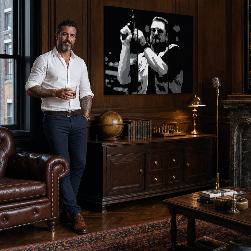 Tablou POP ART pictat manual Big Lebowski 3 părți bl – tablou într-un interior modern masculin, vizualizare lifestyle. Culori dominante: negru, alb, gri.