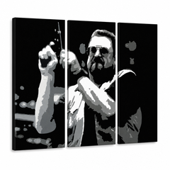 Tablou POP ART pictat manual Big Lebowski 3 părți bl – Vizualizare 3D a tabloului pictat manual pe fundal alb. Culori dominante: negru, alb, gri.
