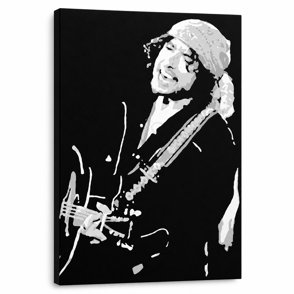 Tablou POP ART pictat manual Bob Dylan 1 parte bd – Vizualizare 3D a tabloului pictat manual pe fundal alb. Culori dominante: negru, alb, gri.