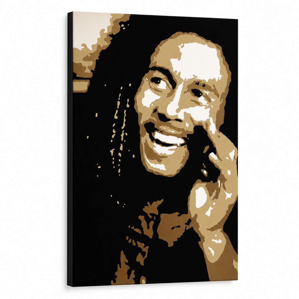 Tablou POP ART pictat manual Bob Marley 1 parte bm – Vizualizare 3D a tabloului pictat manual pe fundal alb. Culori dominante: negru, maro, alb, auriu.