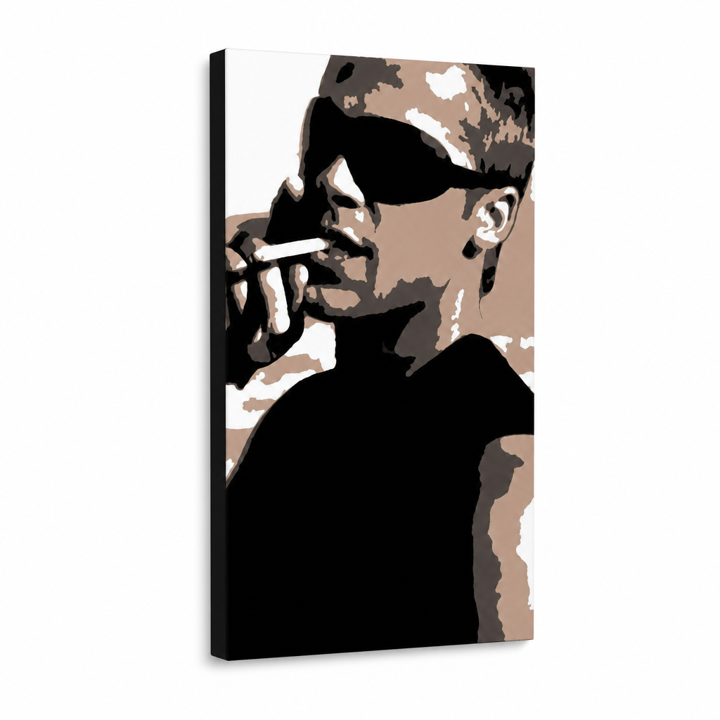 Tablou POP ART pictat manual Brad Pitt 1 bucată bp – Vizualizare 3D a tabloului pictat manual pe fundal alb. Culori dominante: negru, maro, alb.
