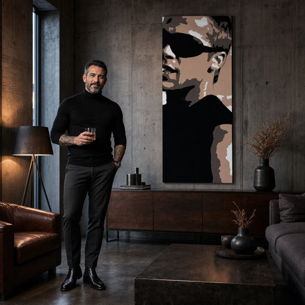 Tablou POP ART pictat manual Brad Pitt 1 bucată bp – tablou într-un interior modern masculin, vizualizare lifestyle. Culori dominante: negru, maro, alb.