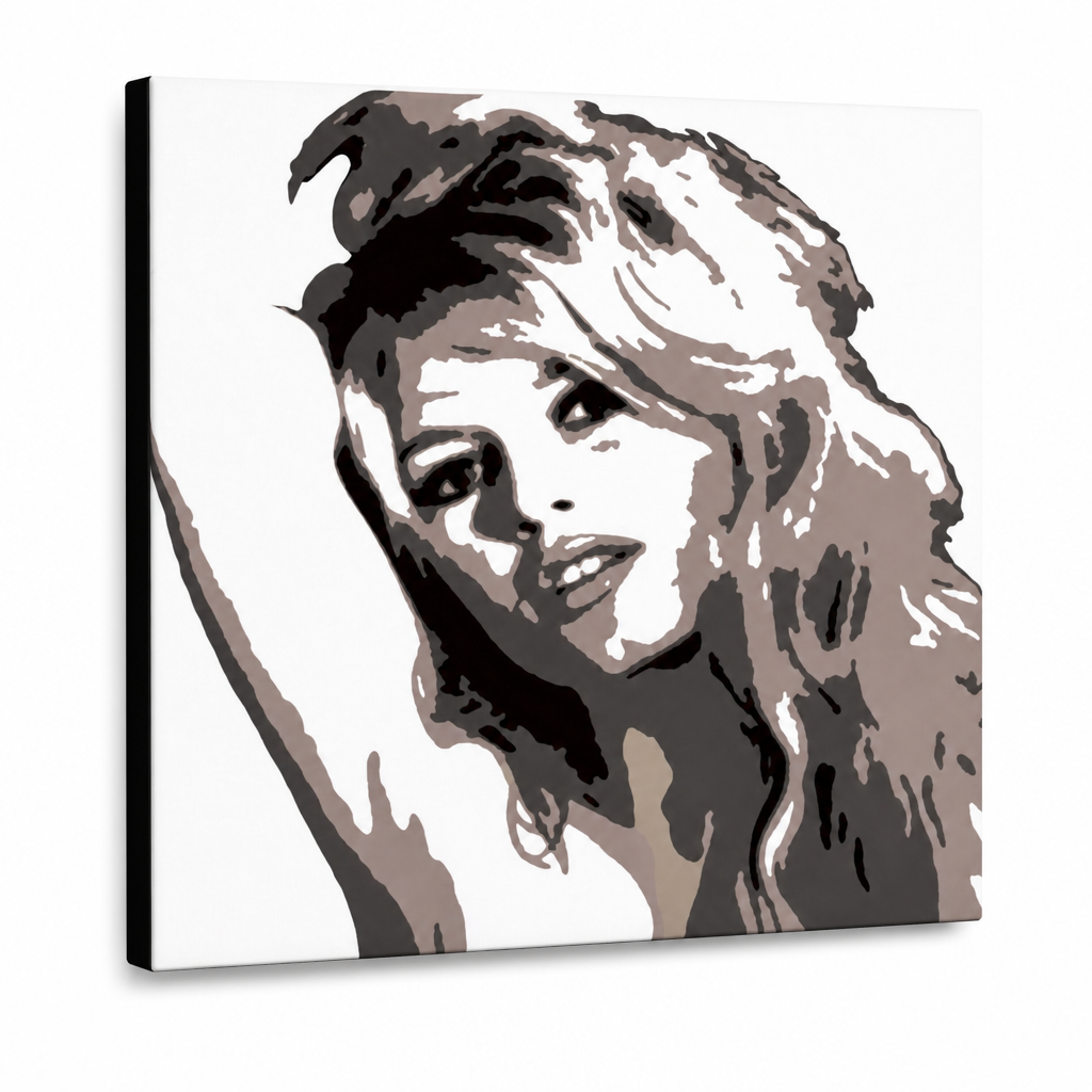 Tablou POP ART pictat manual Brigitte Bardot 1 buc bar – Vizualizare 3D a tabloului pictat manual pe fundal alb. Culori dominante: negru, maro, bej.