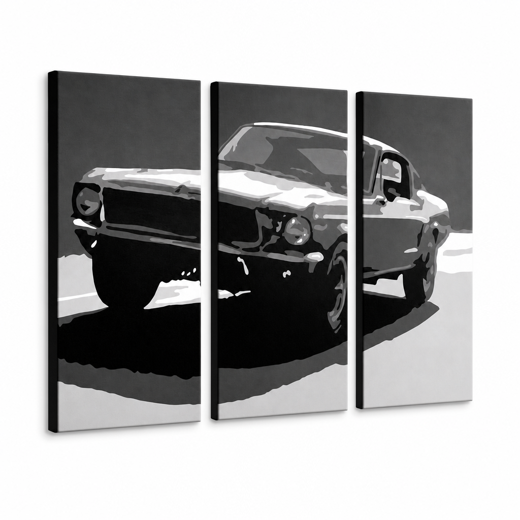 Tablou POP ART pictat manual BULLIT 3 părți bul – Vizualizare 3D a tabloului pictat manual pe fundal alb. Culori dominante: negru, alb, gri.