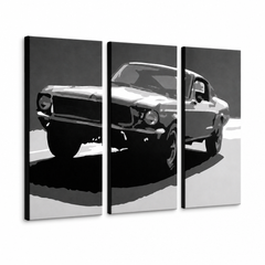 Tablou POP ART pictat manual BULLIT 3 părți bul – Vizualizare 3D a tabloului pictat manual pe fundal alb. Culori dominante: negru, alb, gri.