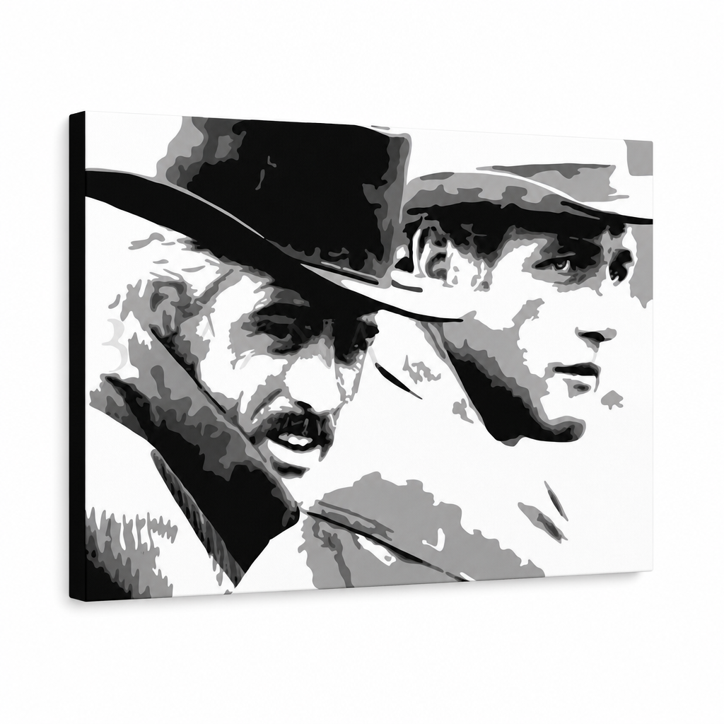 Tablou POP ART pictat manual Butch Cassidy 1 bucată bc – Vizualizare 3D a tabloului pictat manual pe fundal alb. Culori dominante: negru, alb, gri.