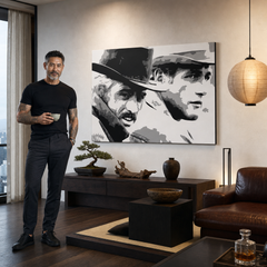 Tablou POP ART pictat manual Butch Cassidy 1 bucată bc – tablou într-un interior modern masculin, vizualizare lifestyle. Culori dominante: negru, alb, gri.