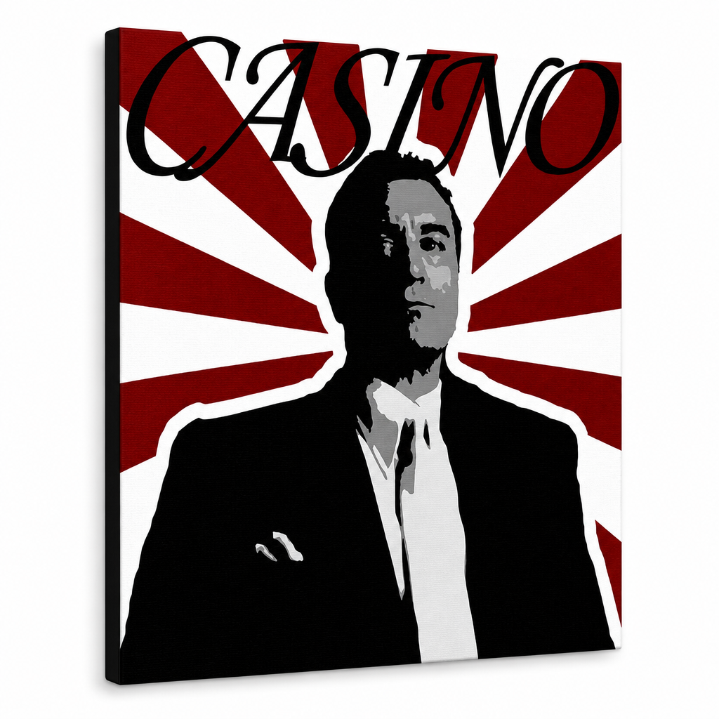 Tablou POP ART pictat manual CASINO 1 parte cas – Vizualizare 3D a tabloului pictat manual pe fundal alb. Culori dominante: negru, roșu, alb.