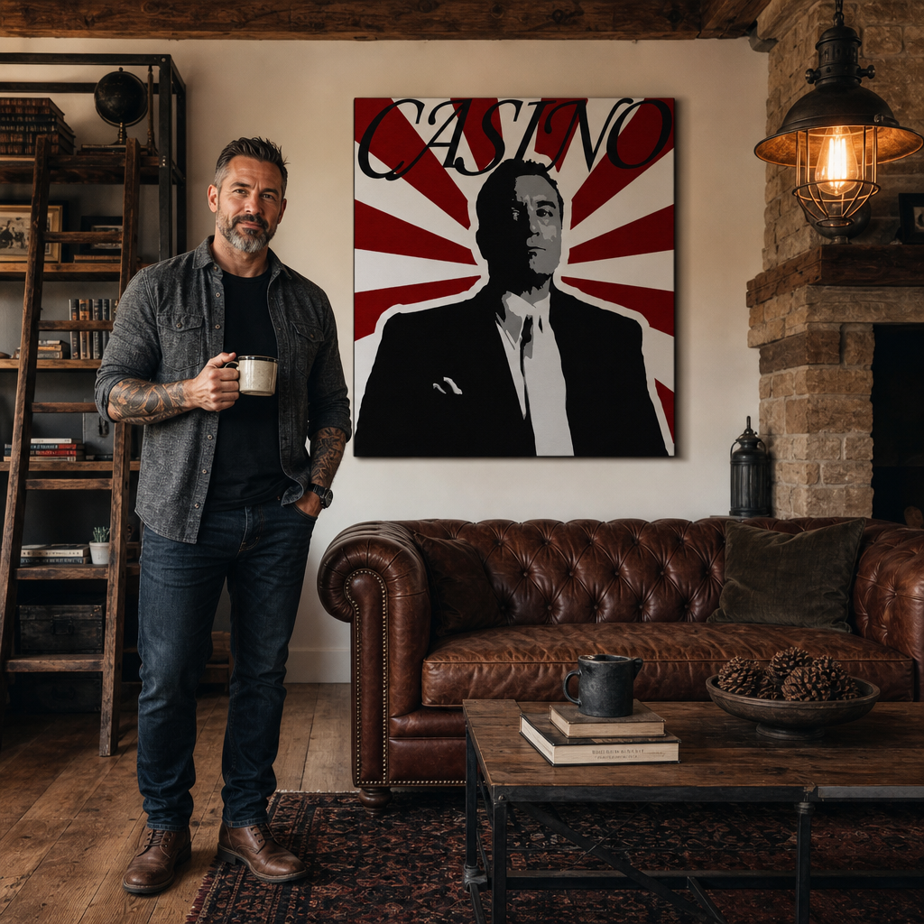 Tablou POP ART pictat manual CASINO 1 parte cas – tablou într-un interior modern masculin, vizualizare lifestyle. Culori dominante: negru, roșu, alb.