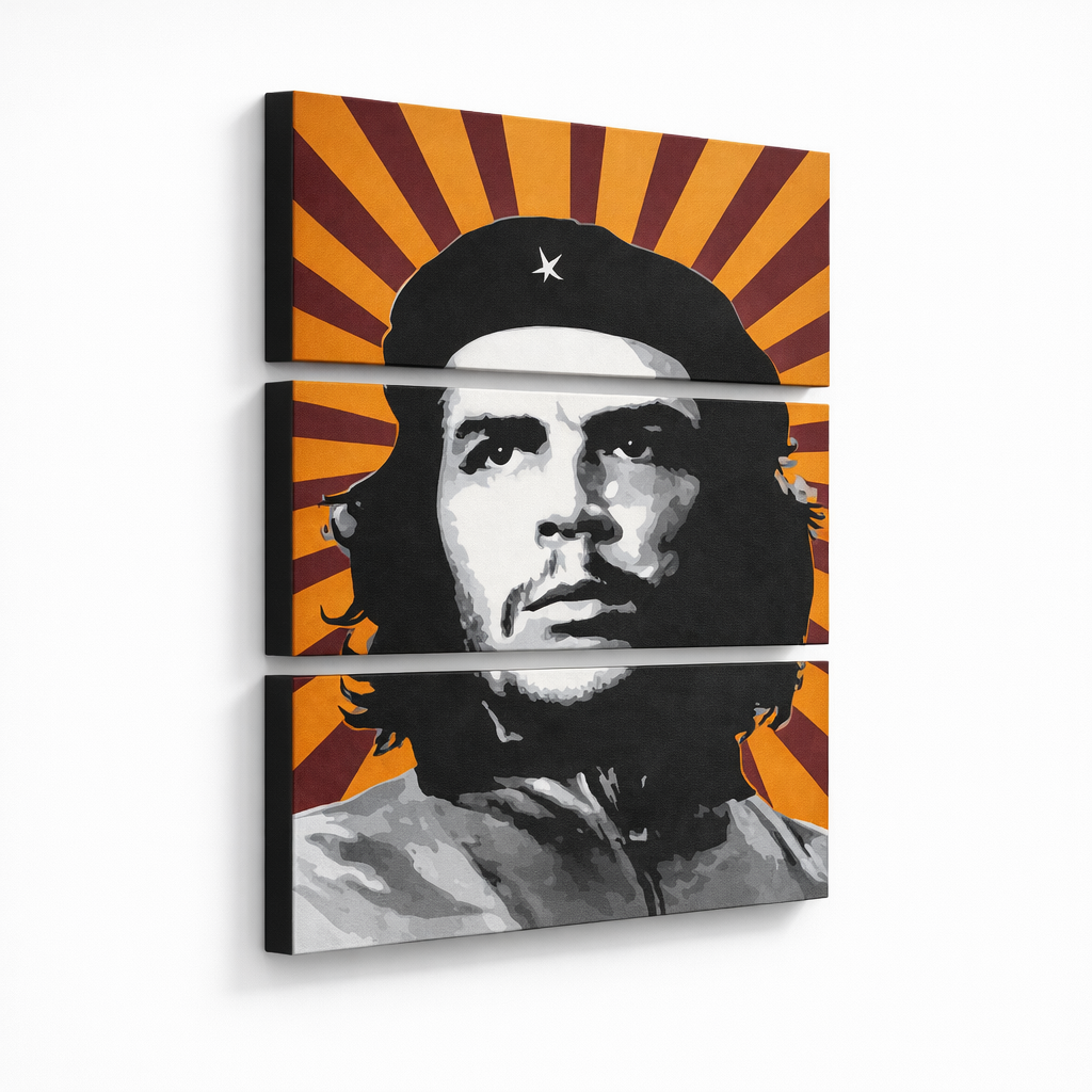 Tablou POP ART pictat manual Che Guevara 3 bucăți che – Vizualizare 3D a tabloului pictat manual pe fundal alb. Culori dominante: galben, negru, alb, gri, portocaliu.