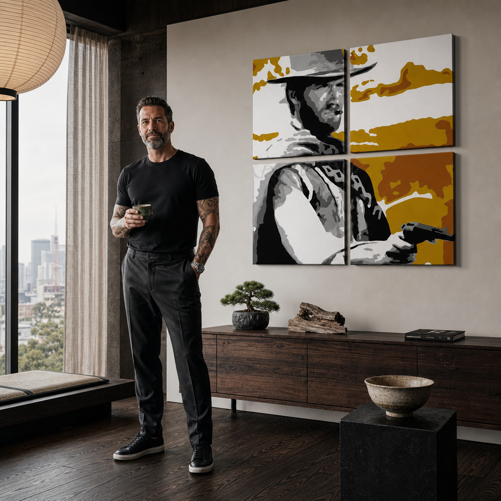 Tablou POP ART pictat manual Clint Eastwood 3 bucăți ce3 – tablou într-un interior modern masculin, vizualizare lifestyle. Culori dominante: negru, portocaliu, alb, gri, maro.