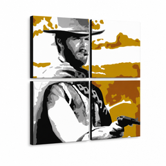 Tablou POP ART pictat manual Clint Eastwood 3 bucăți ce3 – Vizualizare 3D a tabloului pictat manual pe fundal alb. Culori dominante: negru, portocaliu, alb, gri, maro.