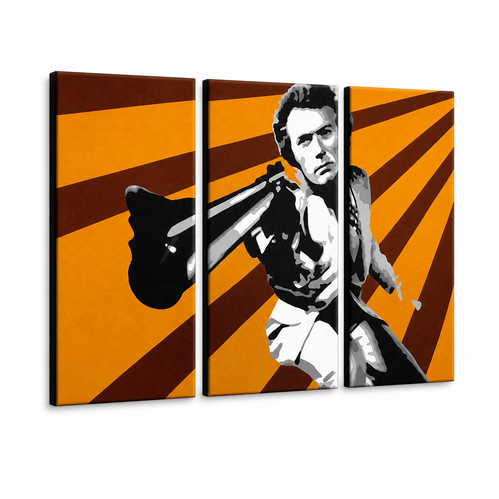 Tablou POP ART pictat manual Clint Eastwood 3 parte ce – Vizualizare 3D a tabloului pictat manual pe fundal alb. Culori dominante: portocaliu, maro, negru.