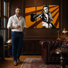 Tablou POP ART pictat manual Clint Eastwood 3 parte ce – tablou într-un interior modern masculin, vizualizare lifestyle. Culori dominante: portocaliu, maro, negru.