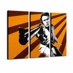 Tablou POP ART pictat manual Clint Eastwood 3 parte ce – Vizualizare 3D a tabloului pictat manual pe fundal alb. Culori dominante: portocaliu, maro, negru.