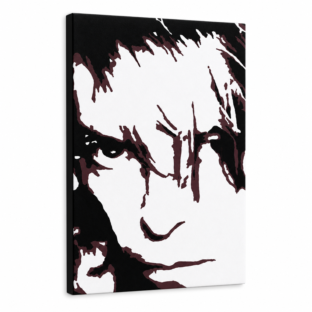 Tablou POP ART pictat manual David Bowie 1 bucată db – Vizualizare 3D a tabloului pictat manual pe fundal alb. Culori dominante: negru, maro, alb.