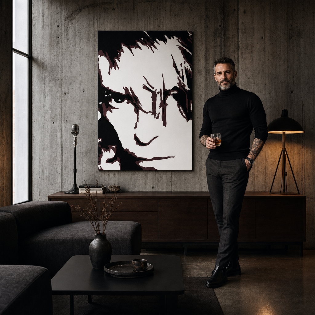 Tablou POP ART pictat manual David Bowie 1 bucată db – tablou într-un interior modern masculin, vizualizare lifestyle. Culori dominante: negru, maro, alb.