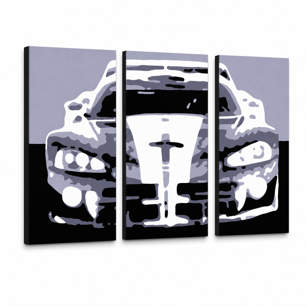 Tablou POP ART pictat manual Dodge Viper GTS 3 piese vip – Vizualizare 3D a tabloului pictat manual pe fundal alb. Culori dominante: negru, gri, alb.