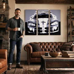 Tablou POP ART pictat manual Dodge Viper GTS 3 piese vip – tablou într-un interior modern masculin, vizualizare lifestyle. Culori dominante: negru, gri, alb.