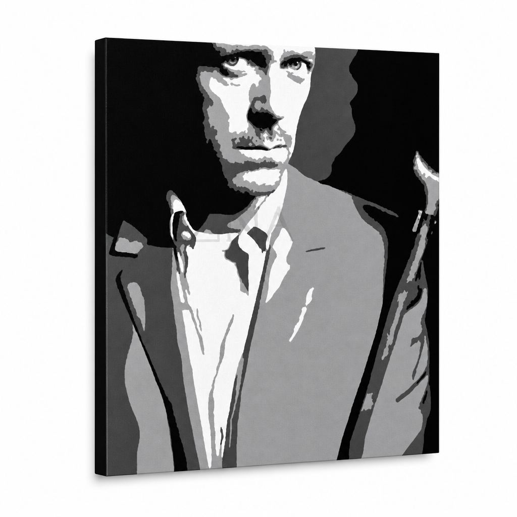 Tablou POP ART pictat manual Dr. HOUSE 1 bucată dh2 – Vizualizare 3D a tabloului pictat manual pe fundal alb. Culori dominante: negru, alb, gri.