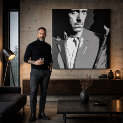 Tablou POP ART pictat manual Dr. HOUSE 1 bucată dh2 – tablou într-un interior modern masculin, vizualizare lifestyle. Culori dominante: negru, alb, gri.
