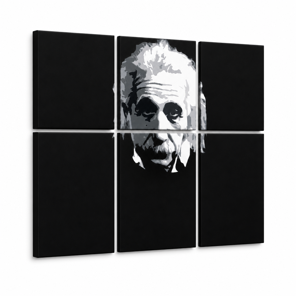 Tablou POP ART pictat manual Einstein 6 părți einstein – Vizualizare 3D a tabloului pictat manual pe fundal alb. Culori dominante: negru, alb, gri.