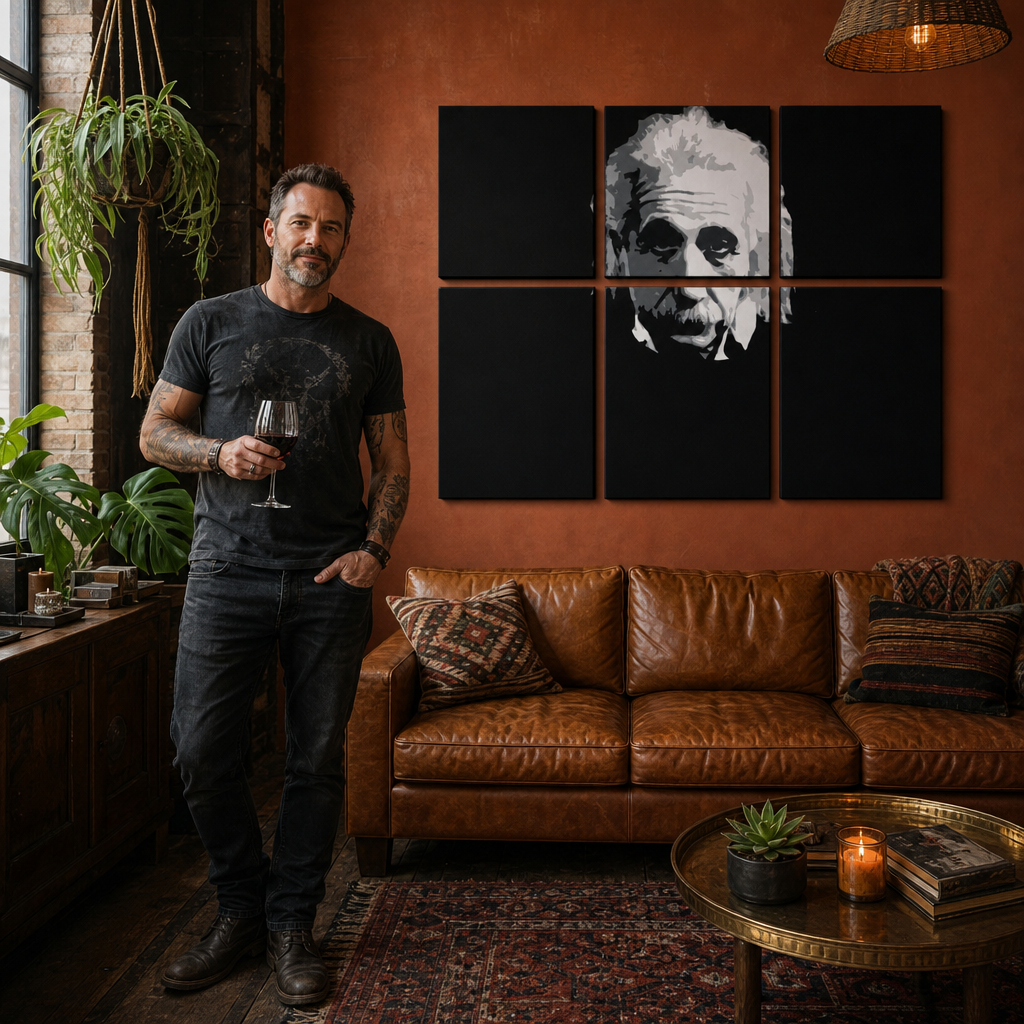 Tablou POP ART pictat manual Einstein 6 părți einstein – tablou într-un interior modern masculin, vizualizare lifestyle. Culori dominante: negru, alb, gri.