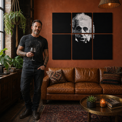 Tablou POP ART pictat manual Einstein 6 părți einstein – tablou într-un interior modern masculin, vizualizare lifestyle. Culori dominante: negru, alb, gri.