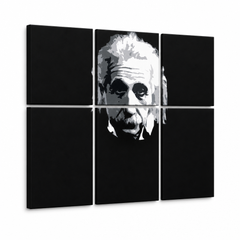 Tablou POP ART pictat manual Einstein 6 părți einstein – Vizualizare 3D a tabloului pictat manual pe fundal alb. Culori dominante: negru, alb, gri.