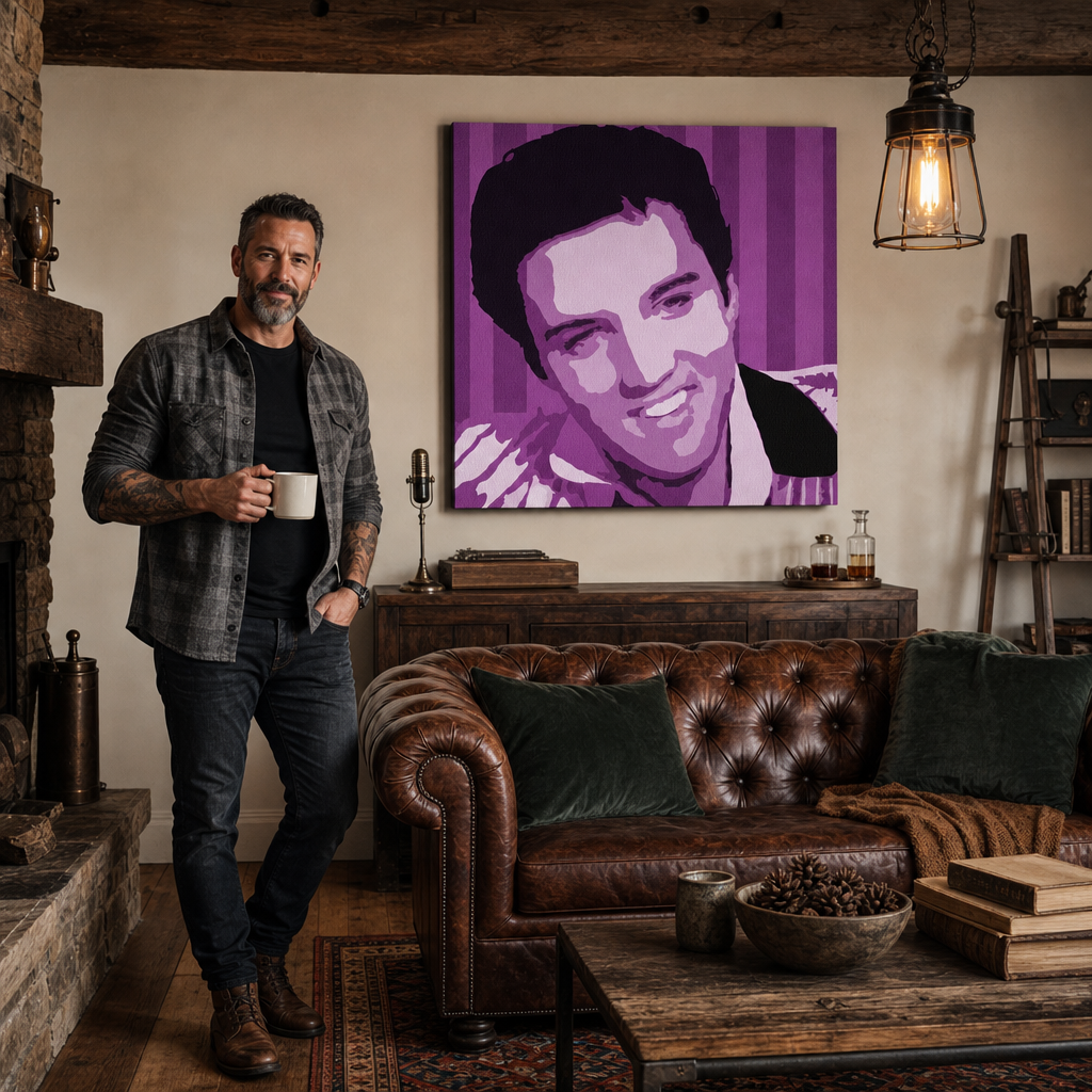 Tablou POP ART pictat manual Elvis Presley 1 bucată el4 – tablou într-un interior modern masculin, vizualizare lifestyle. Culori dominante: mov, alb, negru.