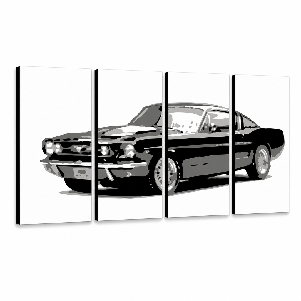 Tablou POP ART pictat manual Ford Mustang 4 piese fm – Vizualizare 3D a tabloului pictat manual pe fundal alb. Culori dominante: negru, gri, alb.