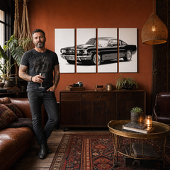 Tablou POP ART pictat manual Ford Mustang 4 piese fm – tablou într-un interior modern masculin, vizualizare lifestyle. Culori dominante: negru, gri, alb.