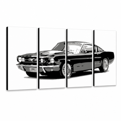 Tablou POP ART pictat manual Ford Mustang 4 piese fm – Vizualizare 3D a tabloului pictat manual pe fundal alb. Culori dominante: negru, gri, alb.