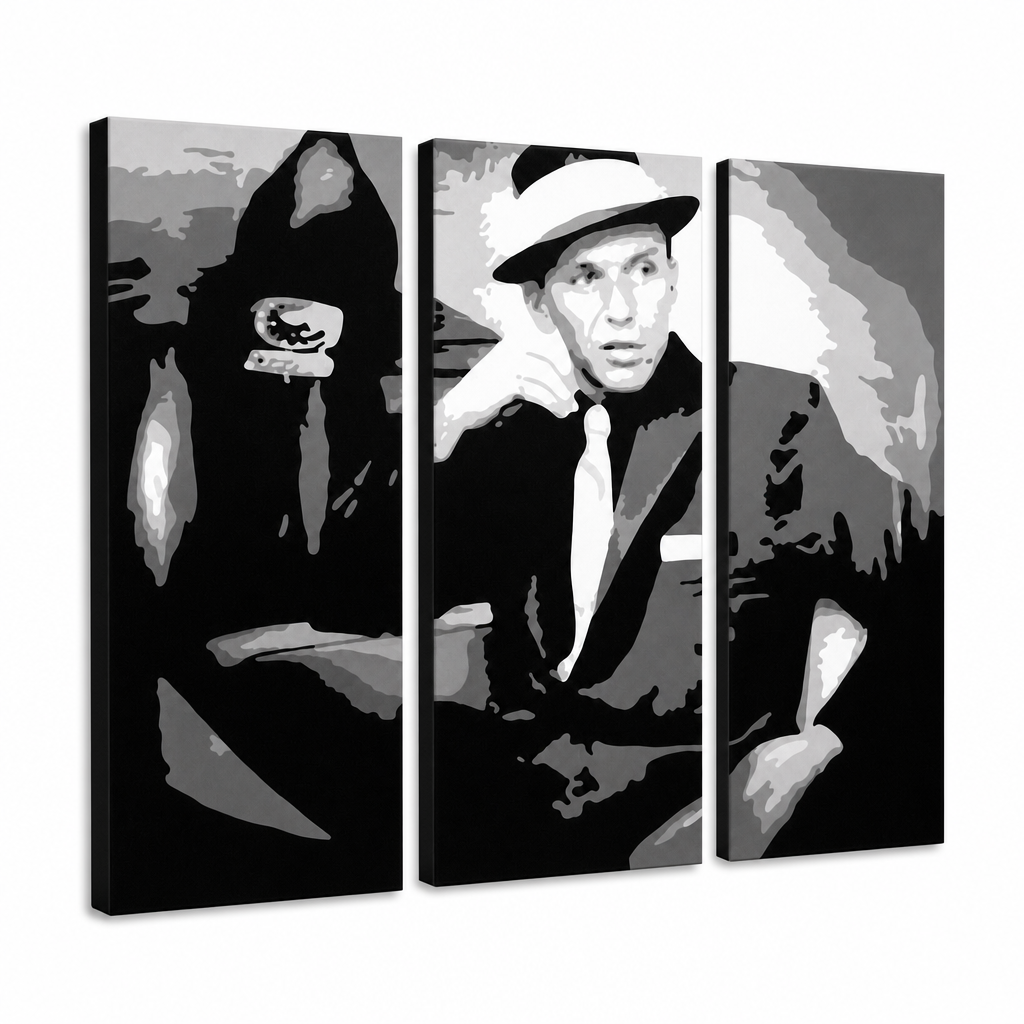 Tablou POP ART pictat manual Frank Sinatra 3 bucăți sin – Vizualizare 3D a tabloului pictat manual pe fundal alb. Culori dominante: negru, alb, gri.
