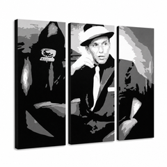 Tablou POP ART pictat manual Frank Sinatra 3 bucăți sin – Vizualizare 3D a tabloului pictat manual pe fundal alb. Culori dominante: negru, alb, gri.