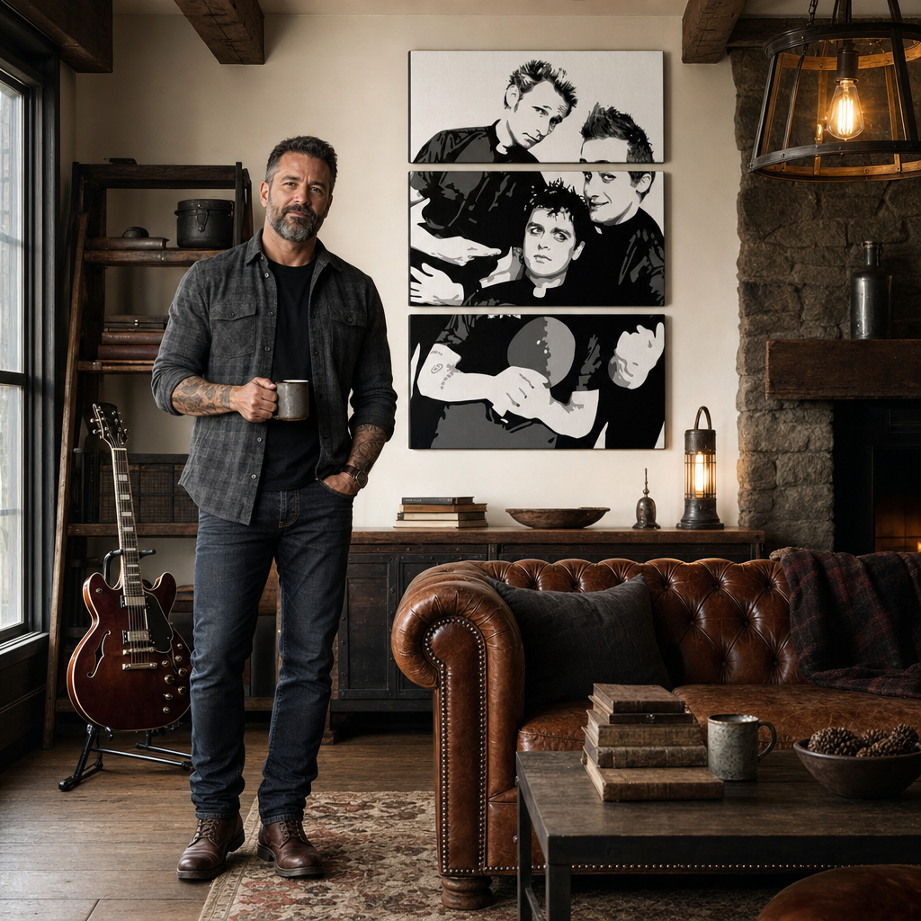 Tablou POP ART pictat manual Green Day 3 buc gd – tablou într-un interior modern masculin, vizualizare lifestyle. Culori dominante: negru, alb, gri.