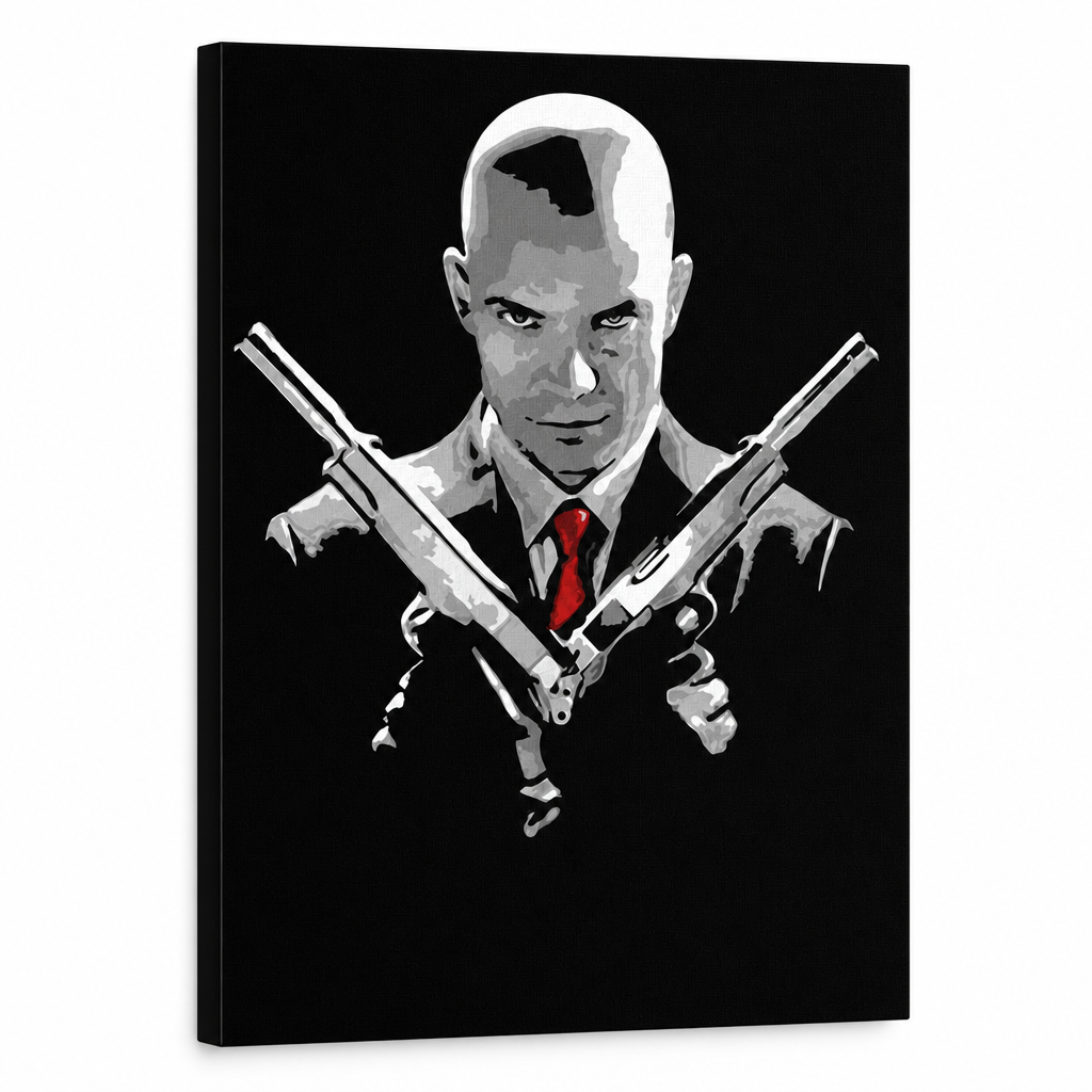 Tablou POP ART pictat manual HITMAN hit – Vizualizare 3D a tabloului pictat manual pe fundal alb. Culori dominante: negru, roșu, gri.