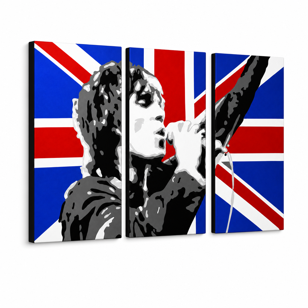 Tablou POP ART pictat manual Ian Brown 3 buc ib4 – Vizualizare 3D a tabloului pictat manual pe fundal alb. Culori dominante: negru, roșu, albastru, alb, gri.