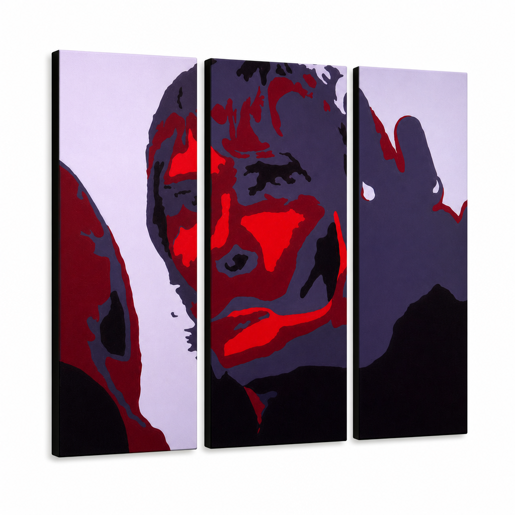 Tablou POP ART pictat manual Ian Brown 3 bucata ib – Vizualizare 3D a tabloului pictat manual pe fundal alb. Culori dominante: negru, roșu, gri.