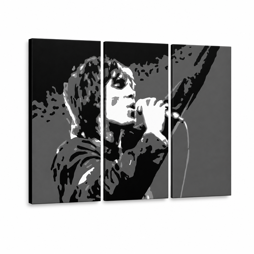 Tablou POP ART pictat manual Ian Brown 3 bucăți ib2 – Vizualizare 3D a tabloului pictat manual pe fundal alb. Culori dominante: negru, alb, gri.