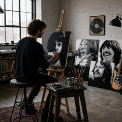 Tablou POP ART pictat manual Ian Brown 3 bucăți ib2 – Atelierul Papilora – pictură manuală a tabloului POP Art. Culori dominante: negru, alb, gri.
