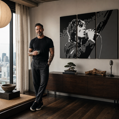 Tablou POP ART pictat manual Ian Brown 3 bucăți ib2 – tablou într-un interior modern masculin, vizualizare lifestyle. Culori dominante: negru, alb, gri.