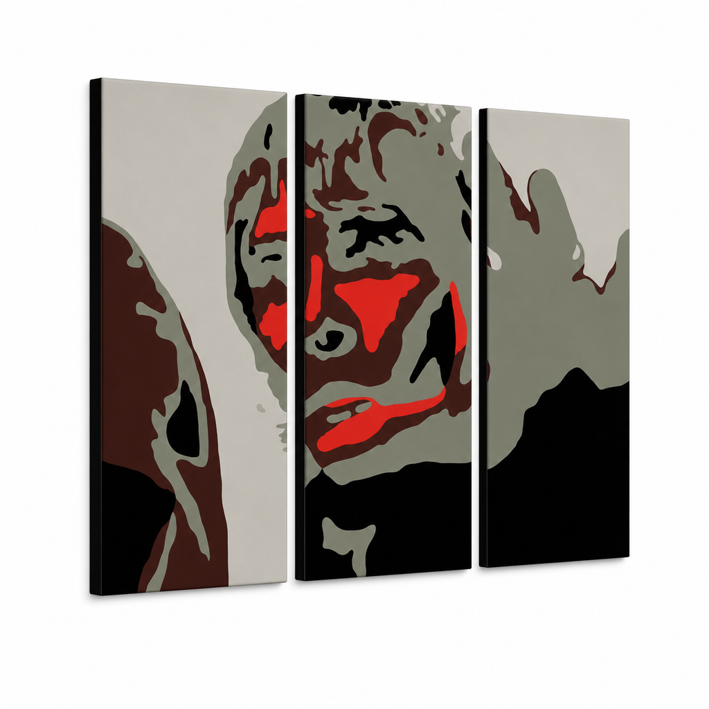 Tablou POP ART pictat manual Ian Brown 3 bucăți ibb – Vizualizare 3D a tabloului pictat manual pe fundal alb. Culori dominante: negru, roșu, gri, maro, alb.
