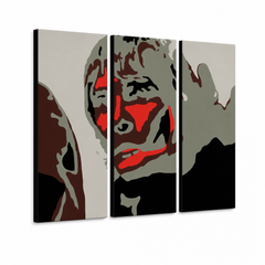 Tablou POP ART pictat manual Ian Brown 3 bucăți ibb – Vizualizare 3D a tabloului pictat manual pe fundal alb. Culori dominante: negru, roșu, gri, maro, alb.