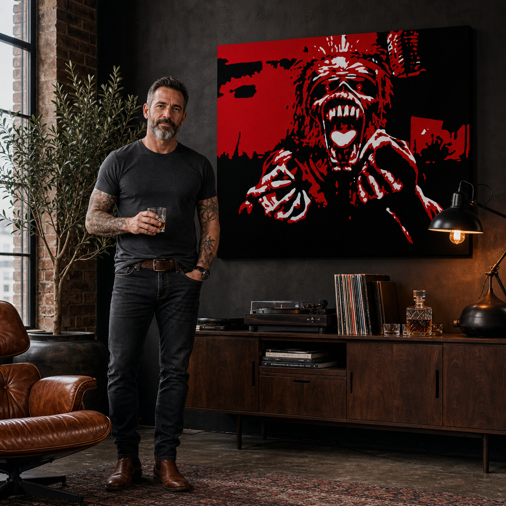 Tablou POP ART pictat manual Iron Maiden 1 buc im – tablou într-un interior modern masculin, vizualizare lifestyle. Culori dominante: roșu, negru, alb.